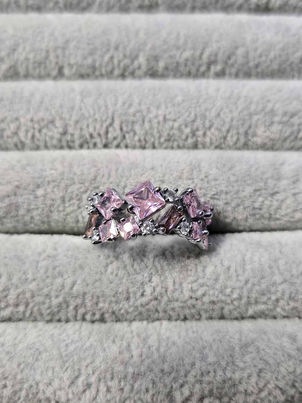 Size 8 Rose Quartz Rhodium Plated Eternity Bomb Party Ring